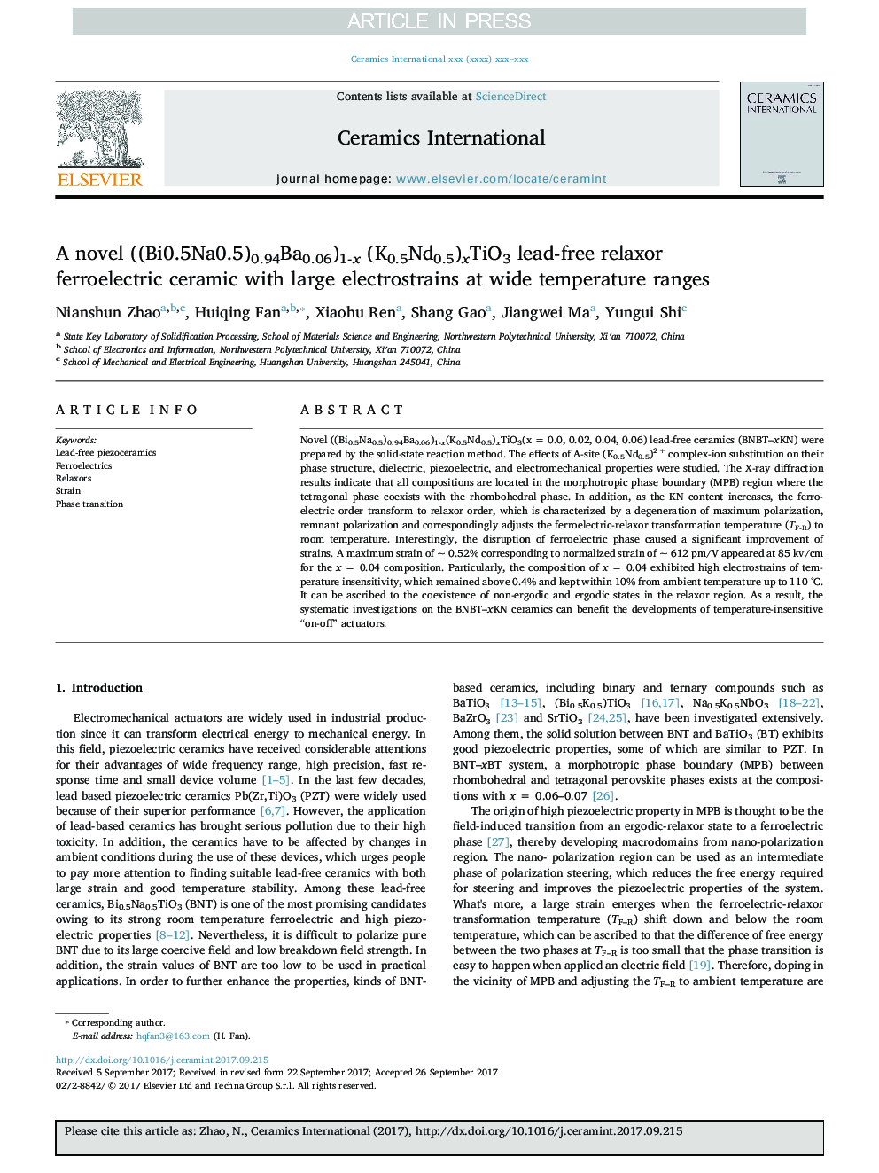 A novel ((Bi0.5Na0.5)0.94Ba0.06)1-x (K0.5Nd0.5)xTiO3 lead-free relaxor ferroelectric ceramic with large electrostrains at wide temperature ranges