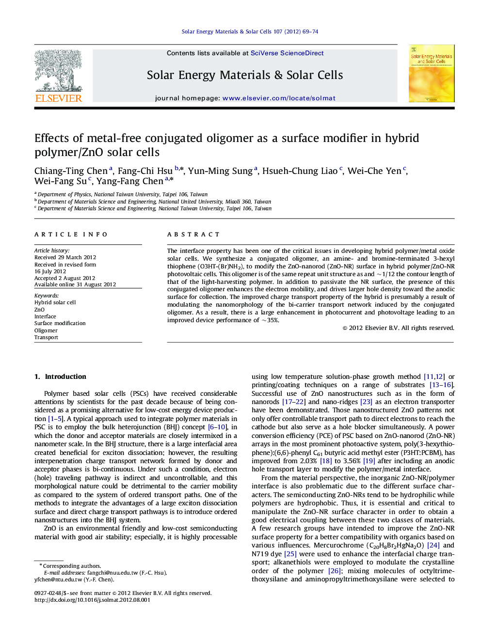 Effects of metal-free conjugated oligomer as a surface modifier in hybrid polymer/ZnO solar cells