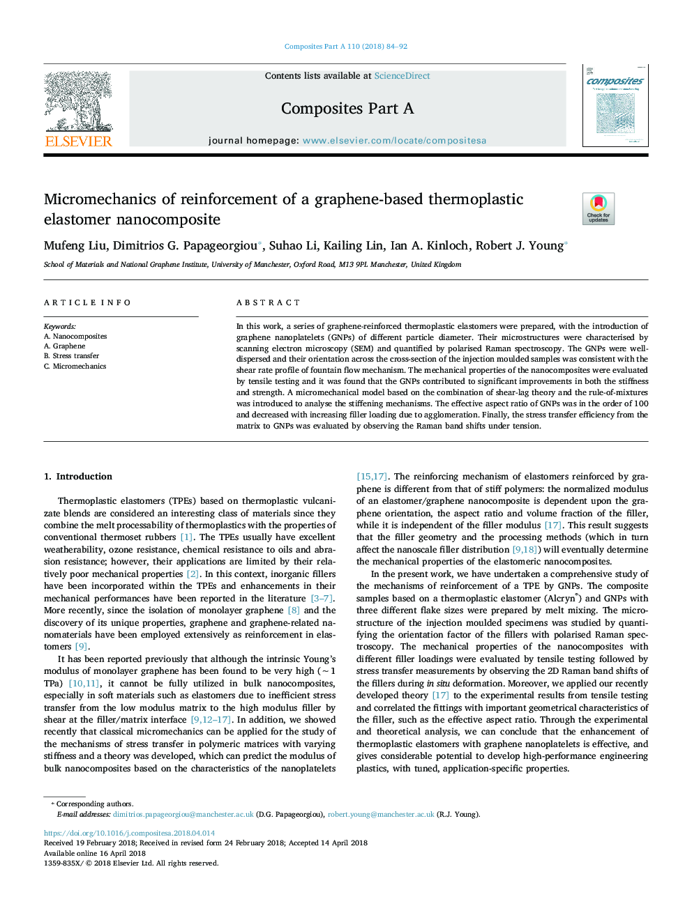 Micromechanics of reinforcement of a graphene-based thermoplastic elastomer nanocomposite