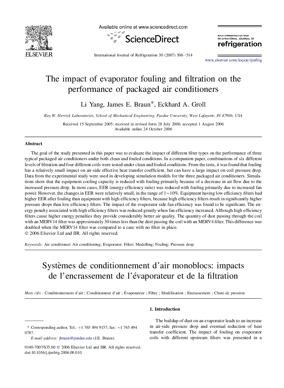 The impact of evaporator fouling and filtration on the performance of packaged air conditioners