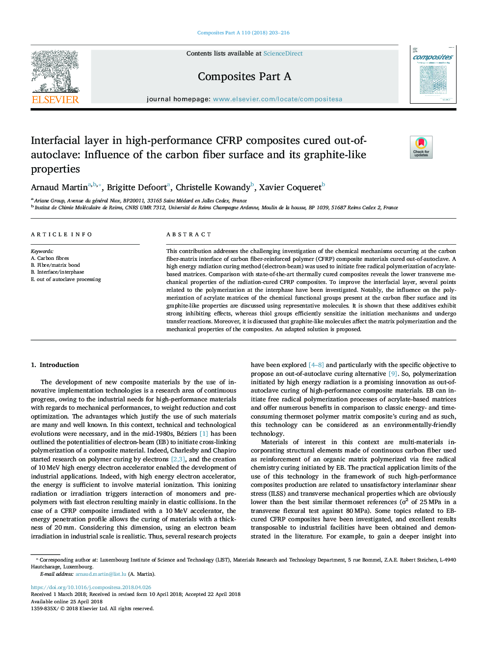 Interfacial layer in high-performance CFRP composites cured out-of-autoclave: Influence of the carbon fiber surface and its graphite-like properties