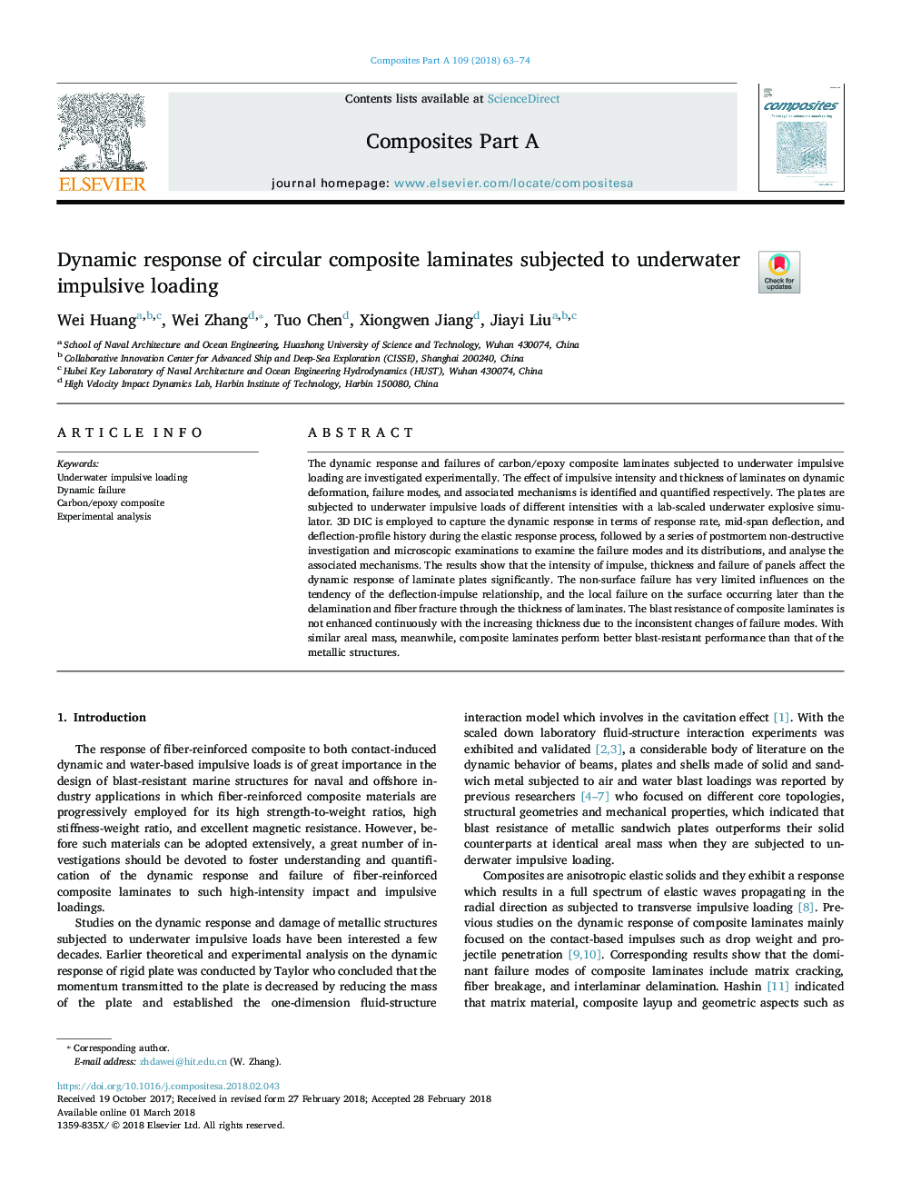 Dynamic response of circular composite laminates subjected to underwater impulsive loading