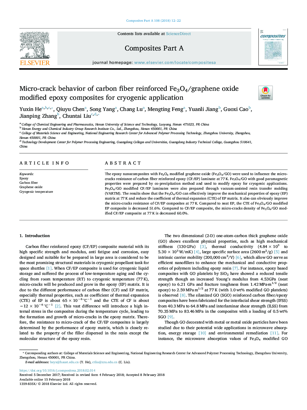 Micro-crack behavior of carbon fiber reinforced Fe3O4/graphene oxide modified epoxy composites for cryogenic application