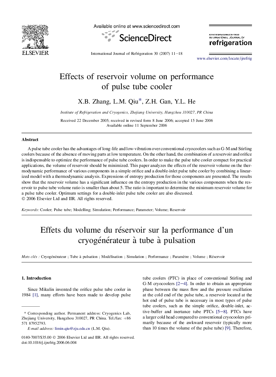 Effects of reservoir volume on performance of pulse tube cooler