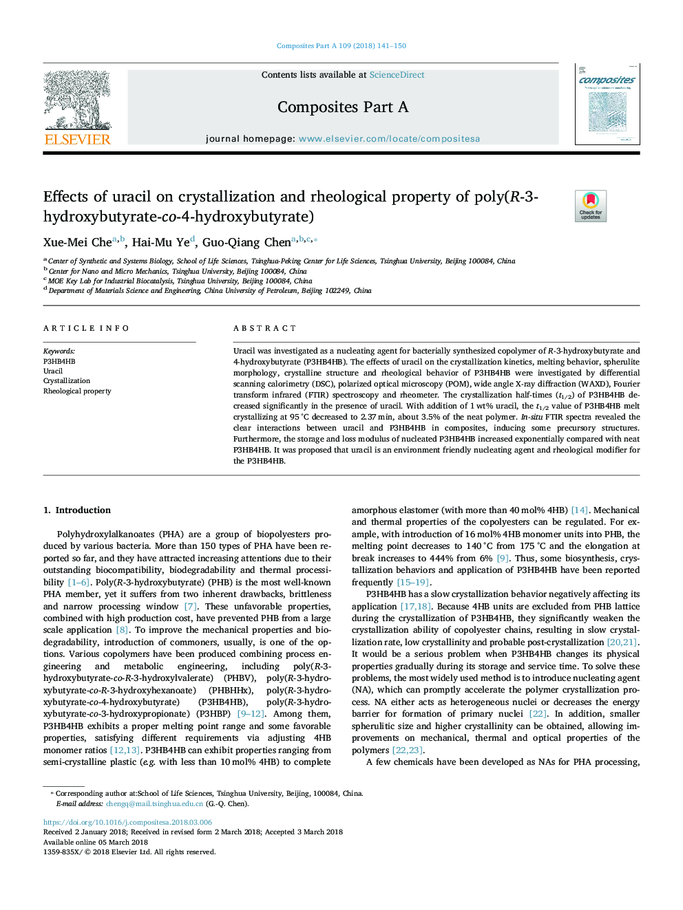 Effects of uracil on crystallization and rheological property of poly(R-3-hydroxybutyrate-co-4-hydroxybutyrate)