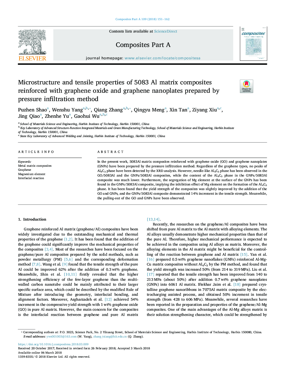 Microstructure and tensile properties of 5083 Al matrix composites reinforced with graphene oxide and graphene nanoplates prepared by pressure infiltration method