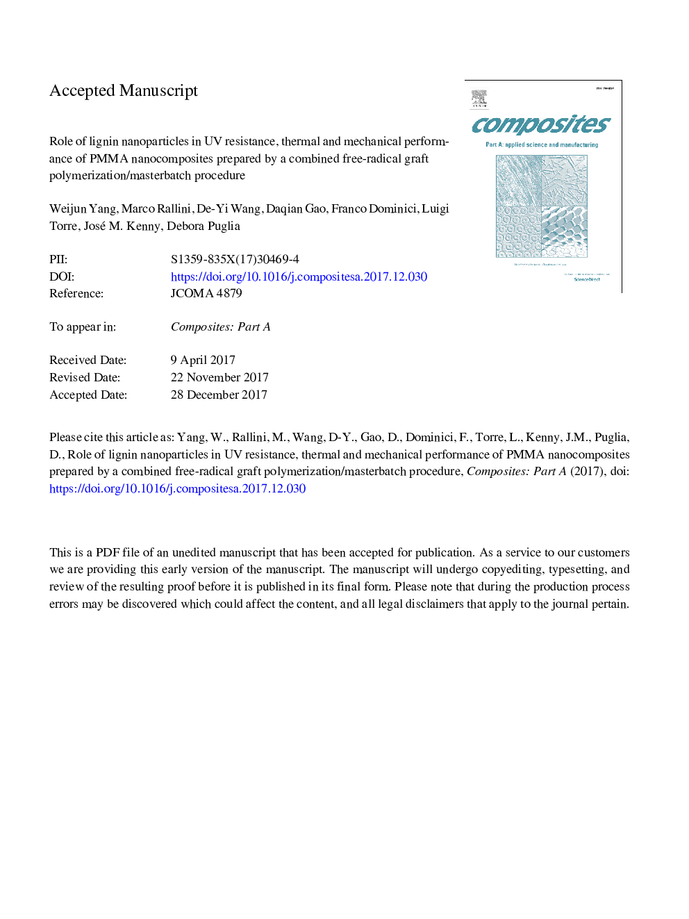 Role of lignin nanoparticles in UV resistance, thermal and mechanical performance of PMMA nanocomposites prepared by a combined free-radical graft polymerization/masterbatch procedure