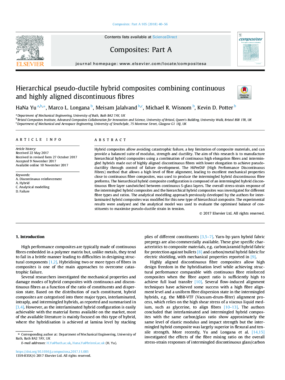 Hierarchical pseudo-ductile hybrid composites combining continuous and highly aligned discontinuous fibres