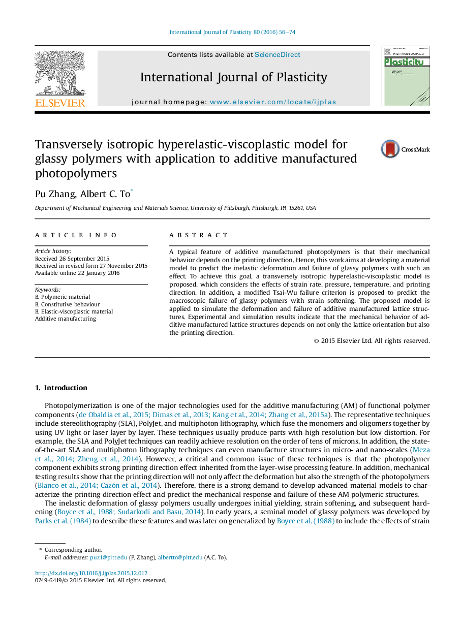 Transversely isotropic hyperelastic-viscoplastic model for glassy polymers with application to additive manufactured photopolymers