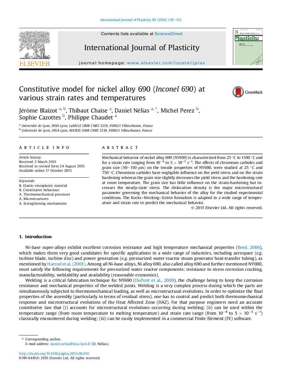 Constitutive model for nickel alloy 690 (Inconel 690) at various strain rates and temperatures