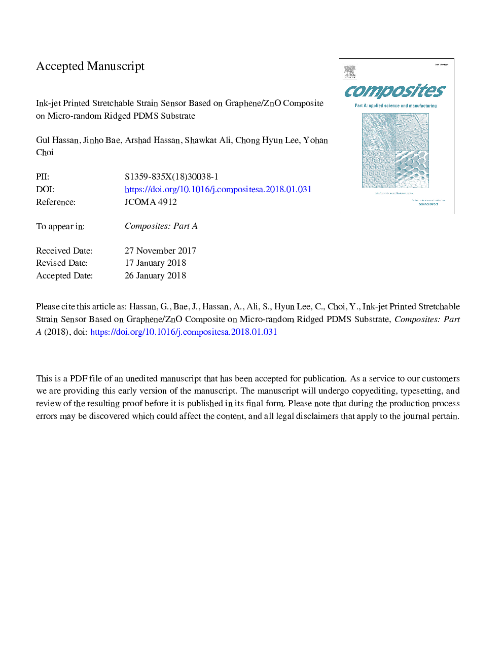 Ink-jet printed stretchable strain sensor based on graphene/ZnO composite on micro-random ridged PDMS substrate