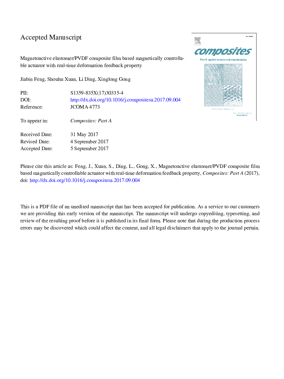 Magnetoactive elastomer/PVDF composite film based magnetically controllable actuator with real-time deformation feedback property