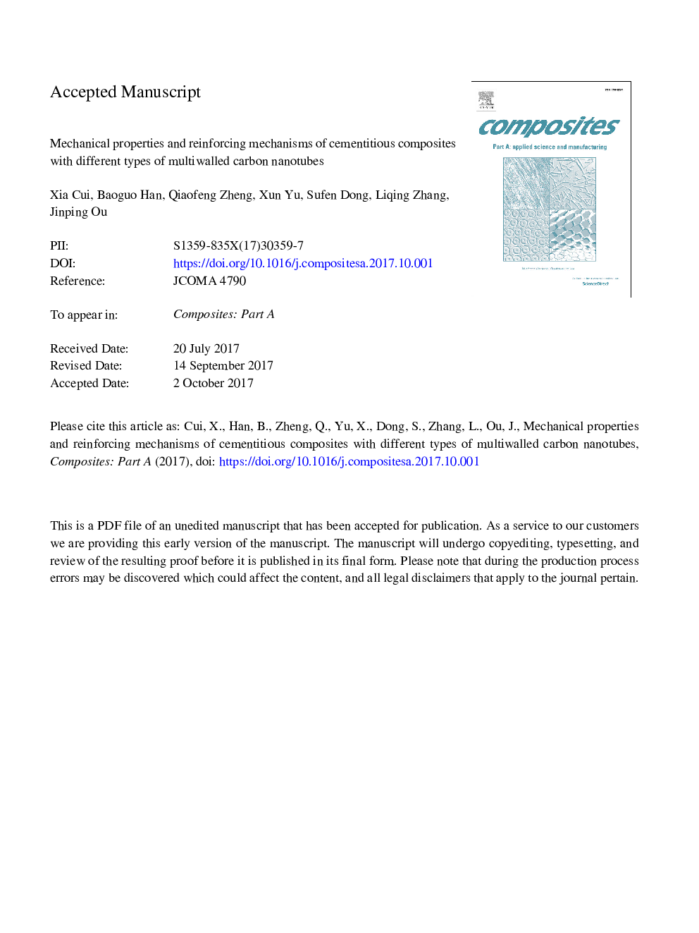 Mechanical properties and reinforcing mechanisms of cementitious composites with different types of multiwalled carbon nanotubes