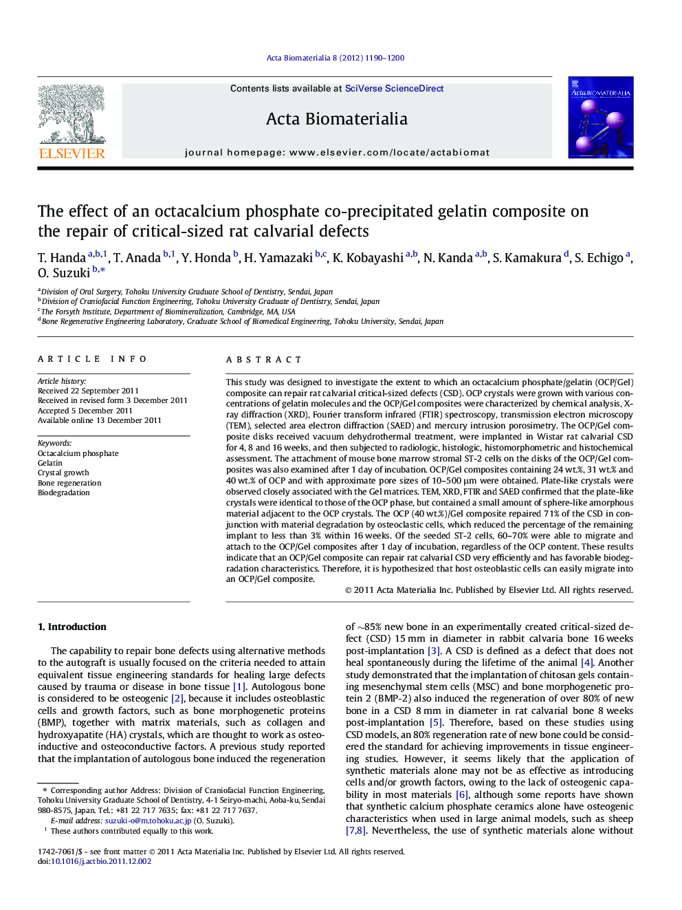 The effect of an octacalcium phosphate co-precipitated gelatin composite on the repair of critical-sized rat calvarial defects