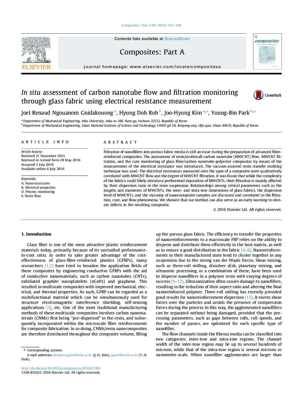 In situ assessment of carbon nanotube flow and filtration monitoring through glass fabric using electrical resistance measurement