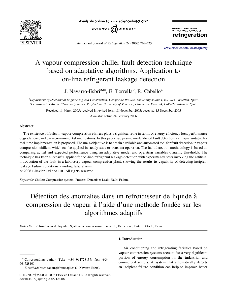 A vapour compression chiller fault detection technique based on adaptative algorithms. Application to on-line refrigerant leakage detection