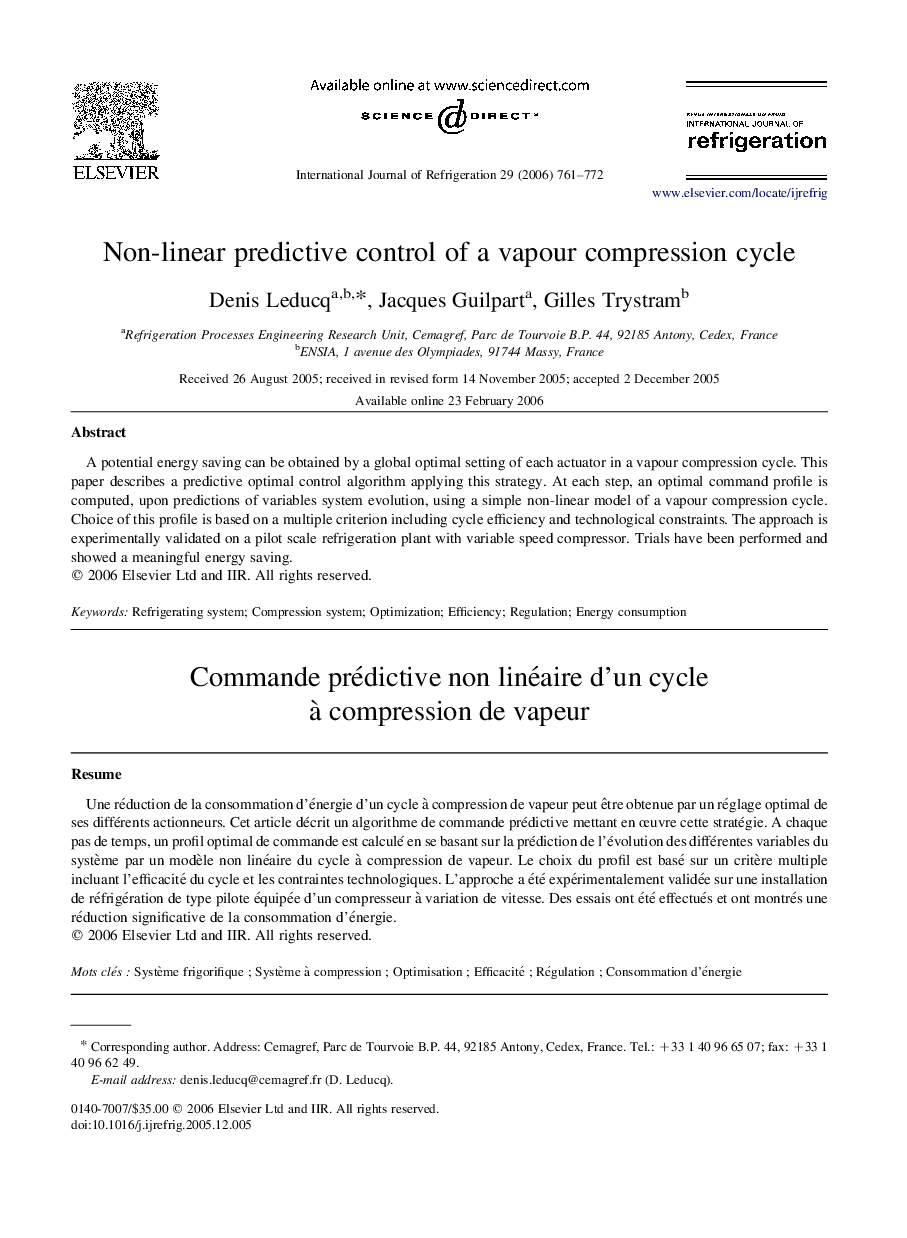 Non-linear predictive control of a vapour compression cycle