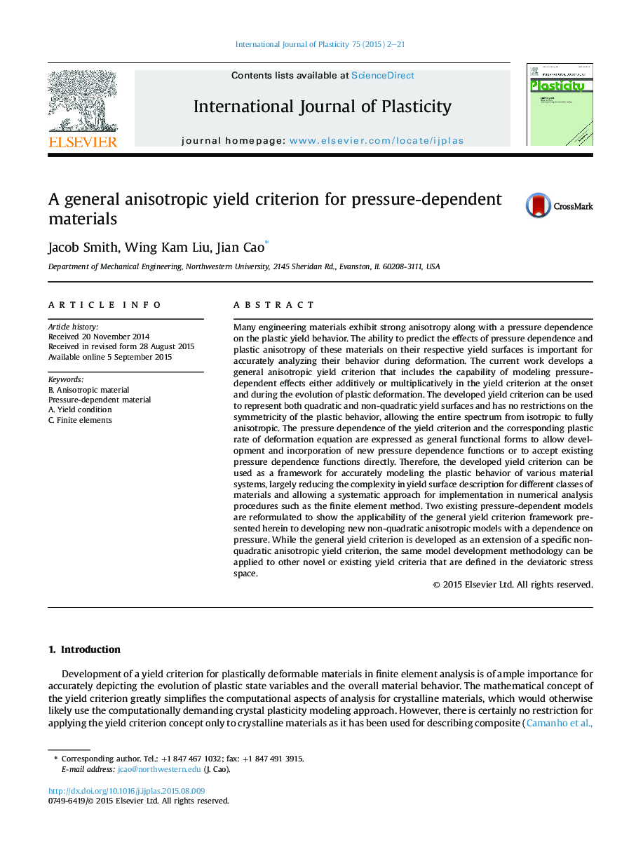 A general anisotropic yield criterion for pressure-dependent materials