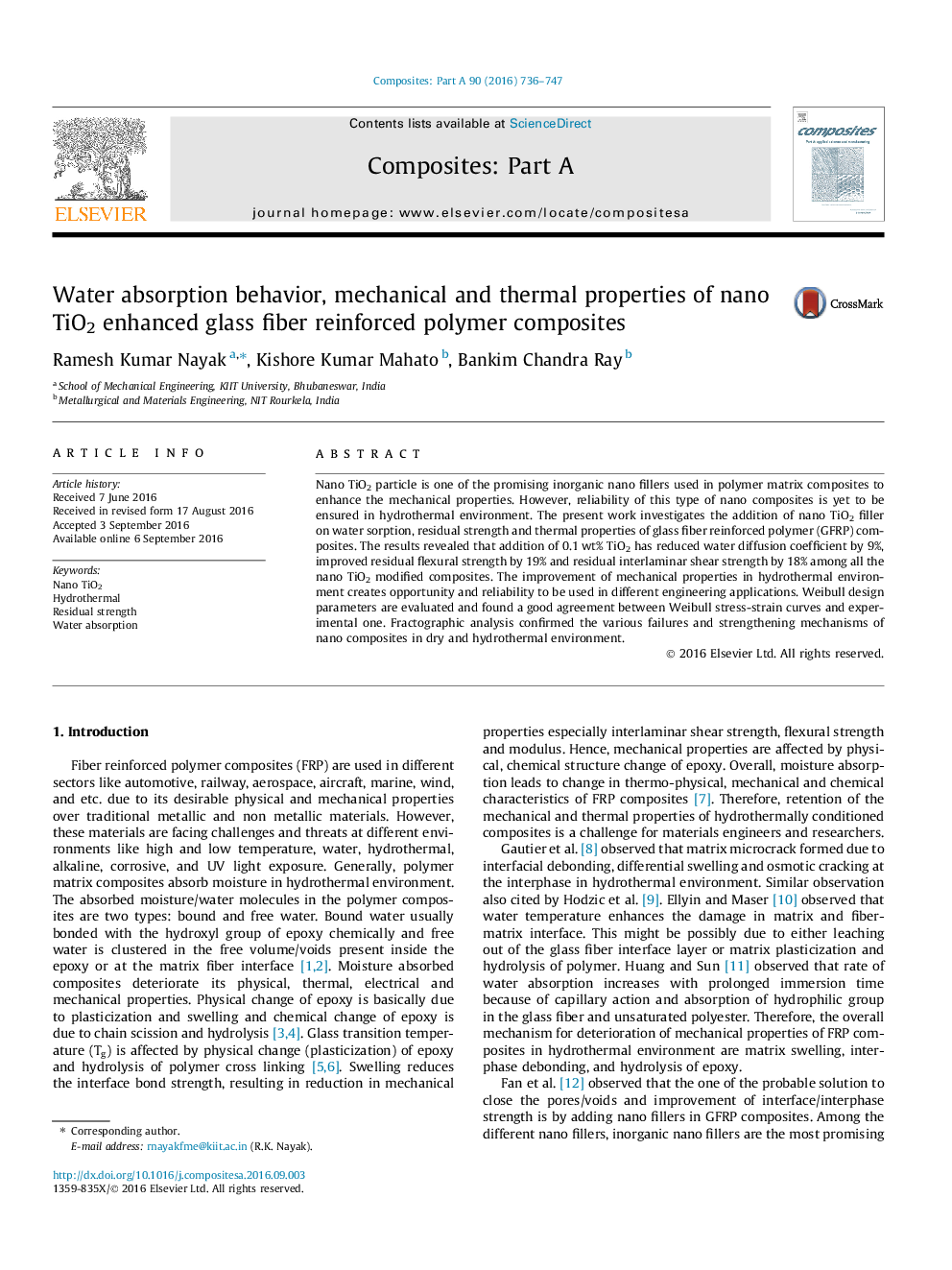 Water absorption behavior, mechanical and thermal properties of nano TiO2 enhanced glass fiber reinforced polymer composites