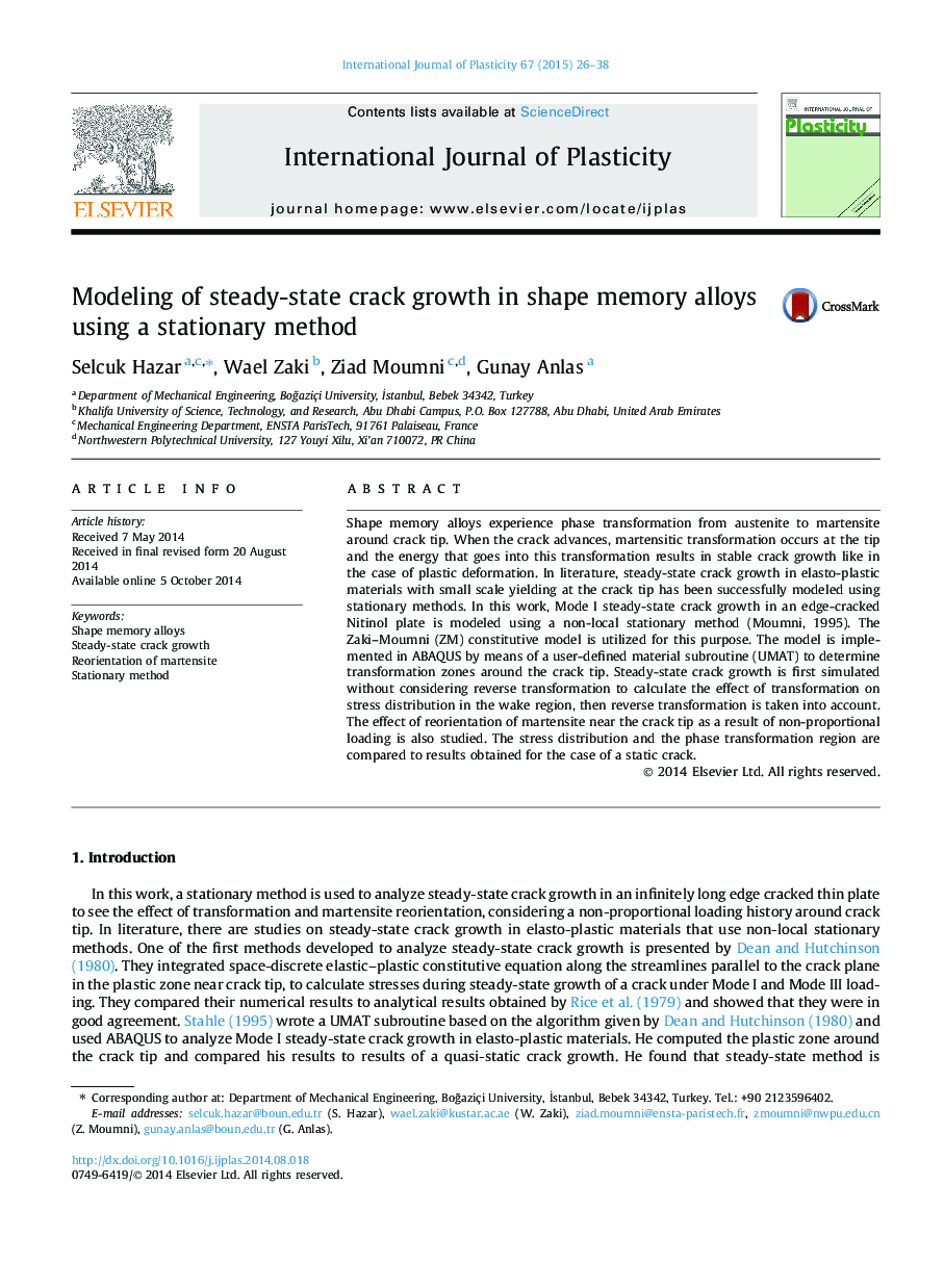 Modeling of steady-state crack growth in shape memory alloys using a stationary method