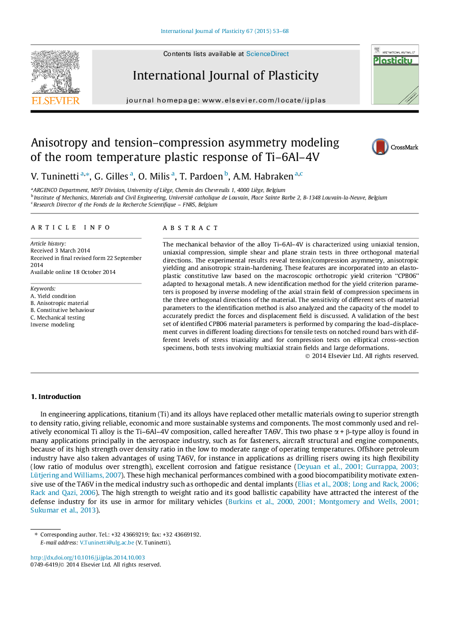 Anisotropy and tension–compression asymmetry modeling of the room temperature plastic response of Ti–6Al–4V