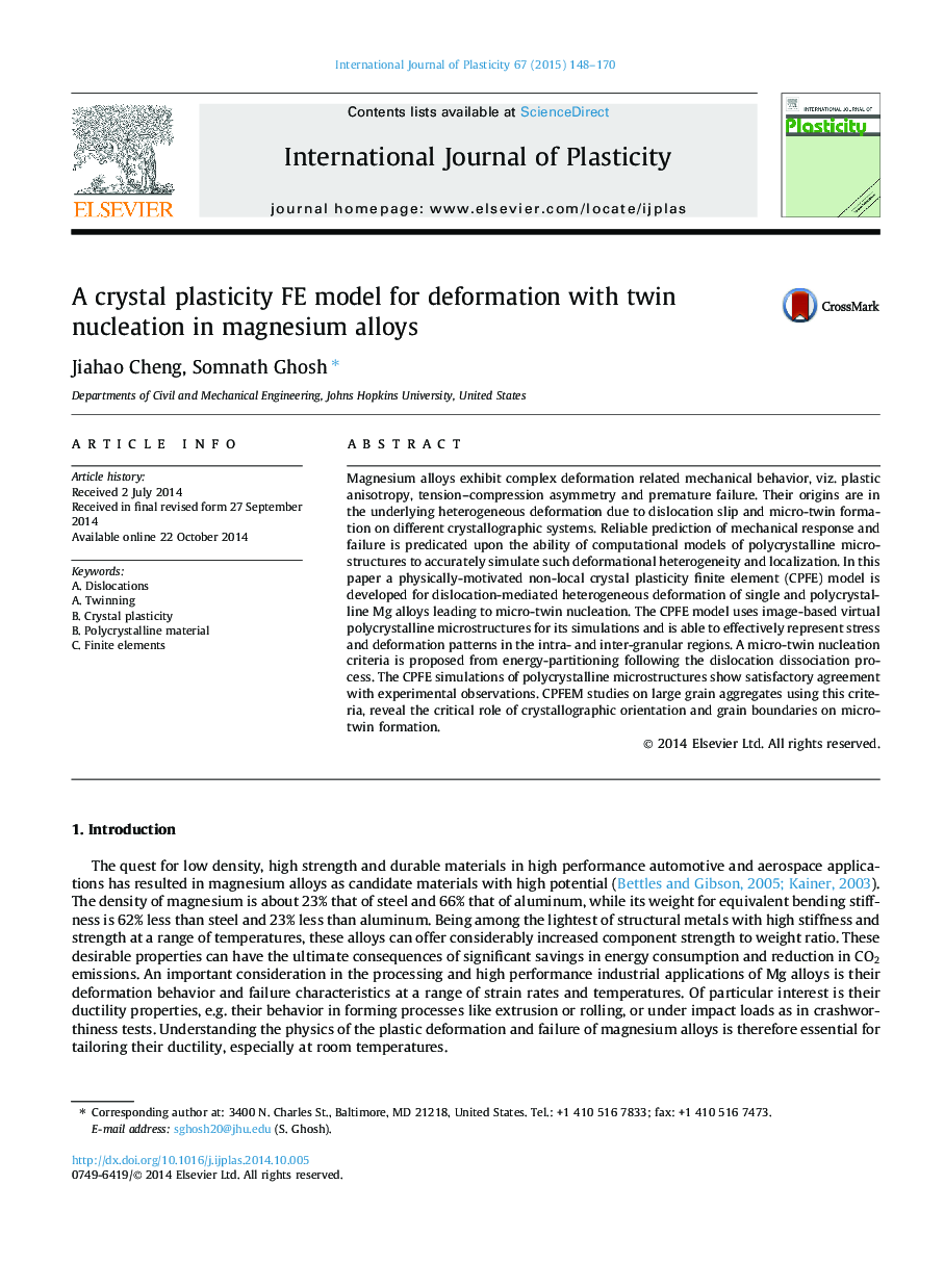 A crystal plasticity FE model for deformation with twin nucleation in magnesium alloys