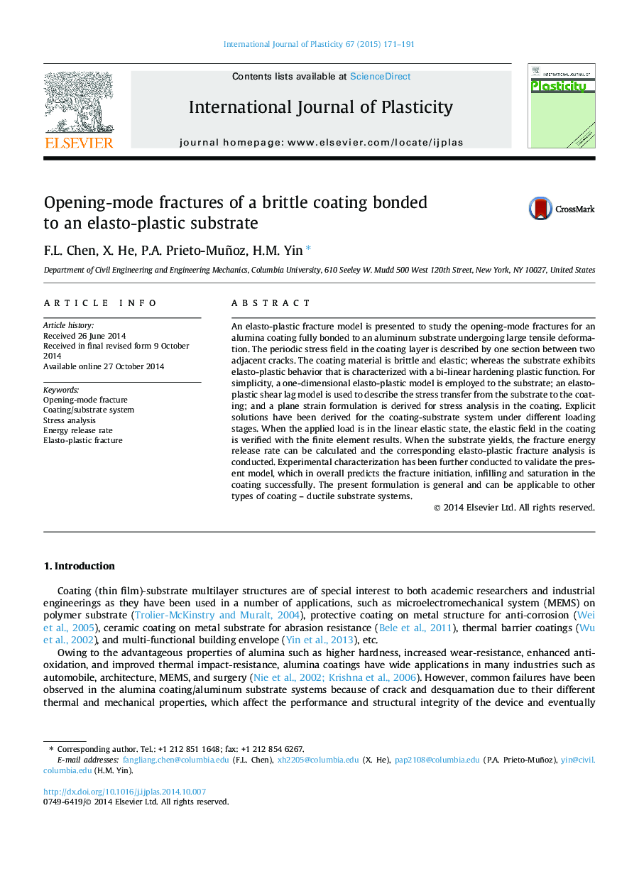 Opening-mode fractures of a brittle coating bonded to an elasto-plastic substrate