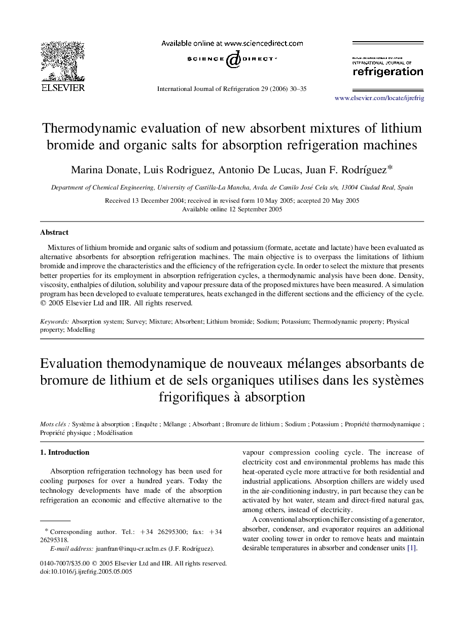 Thermodynamic evaluation of new absorbent mixtures of lithium bromide and organic salts for absorption refrigeration machines