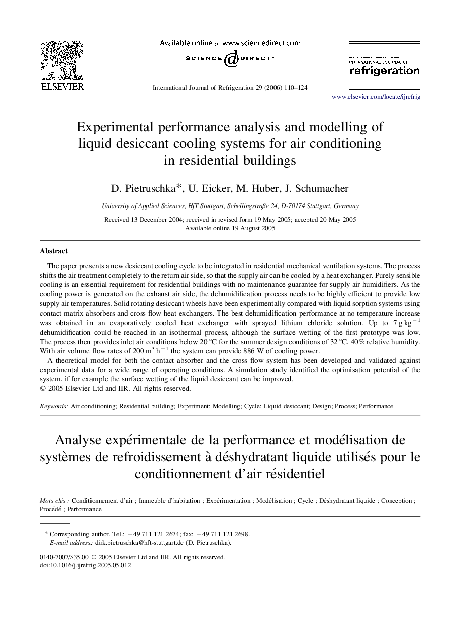 Experimental performance analysis and modelling of liquid desiccant cooling systems for air conditioning in residential buildings