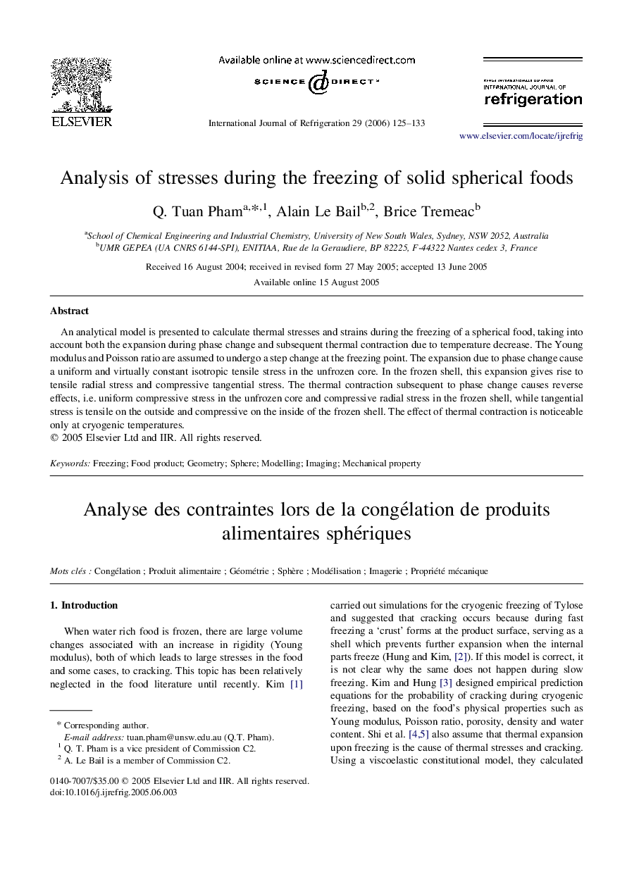 Analysis of stresses during the freezing of solid spherical foods