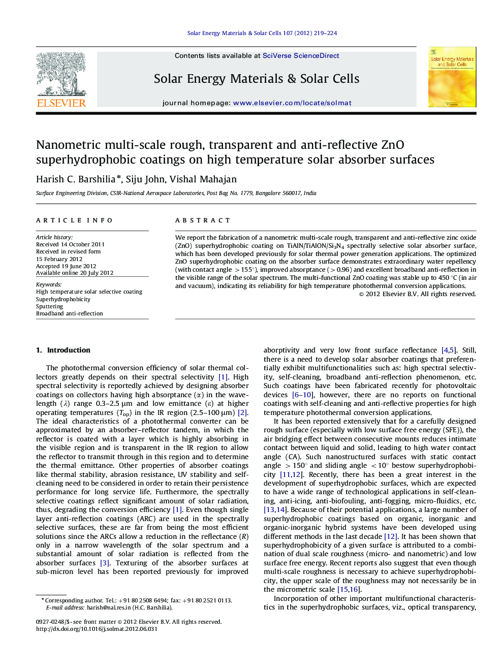 Nanometric multi-scale rough, transparent and anti-reflective ZnO superhydrophobic coatings on high temperature solar absorber surfaces