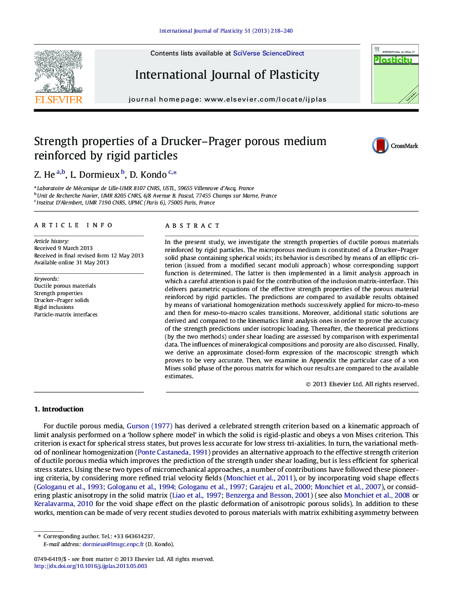 Strength properties of a Drucker–Prager porous medium reinforced by rigid particles