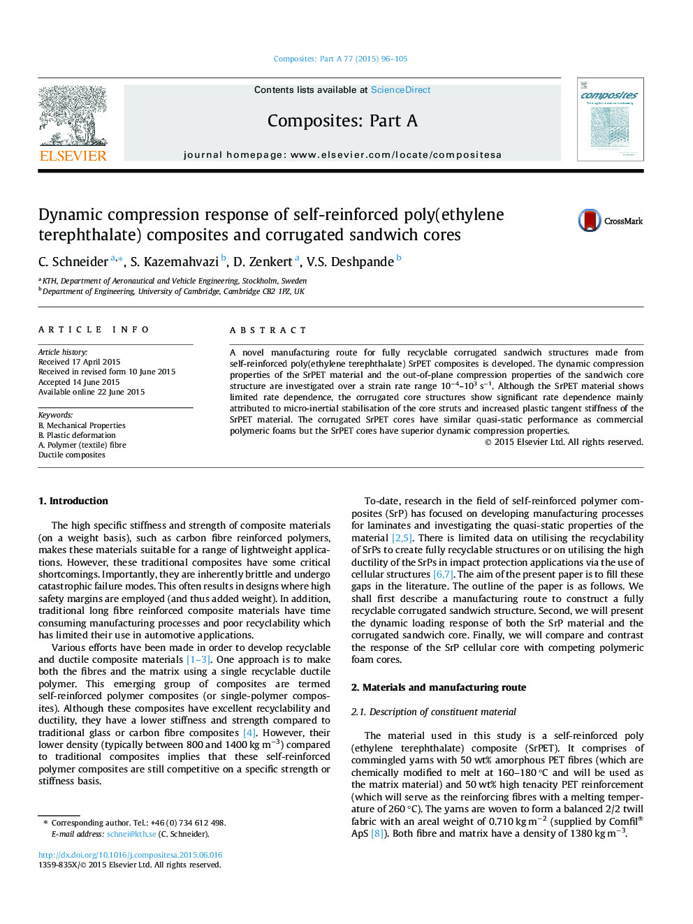 Dynamic compression response of self-reinforced poly(ethylene terephthalate) composites and corrugated sandwich cores