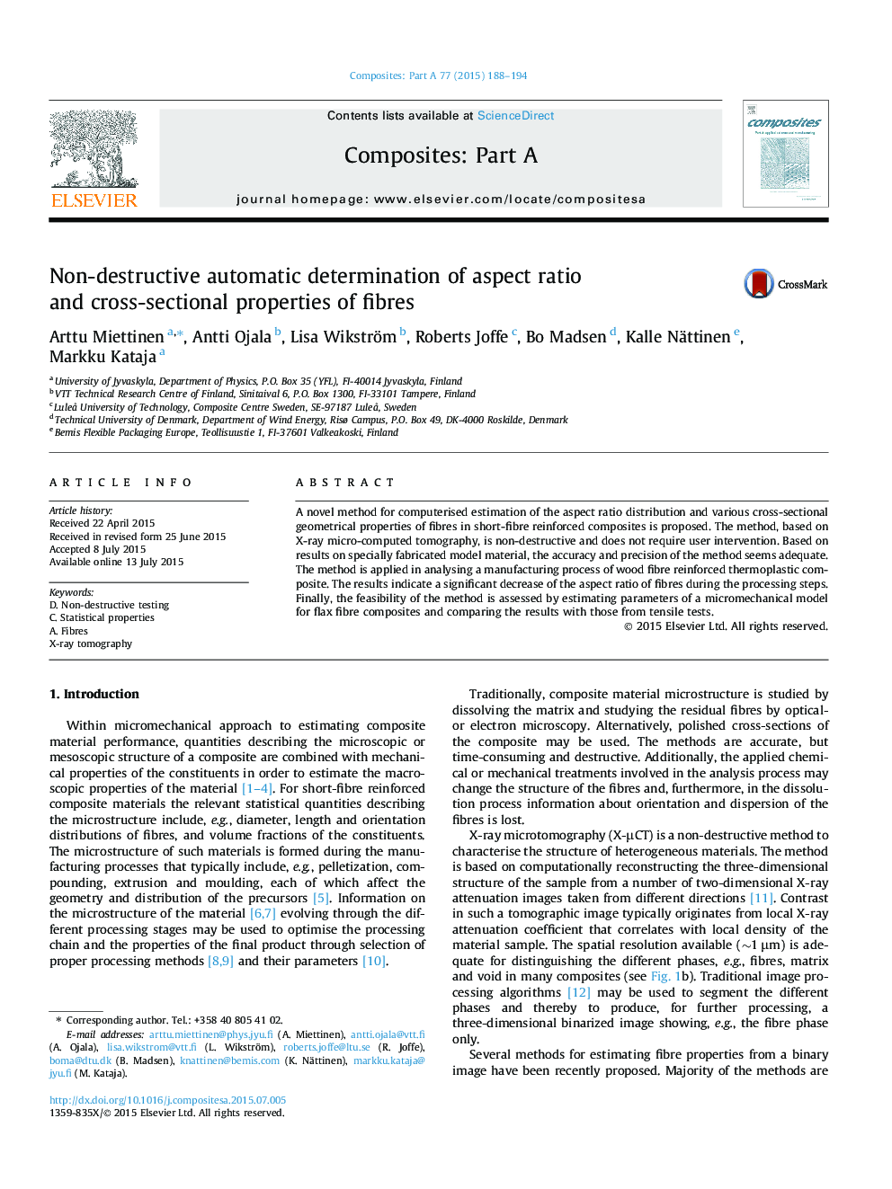 Non-destructive automatic determination of aspect ratio and cross-sectional properties of fibres