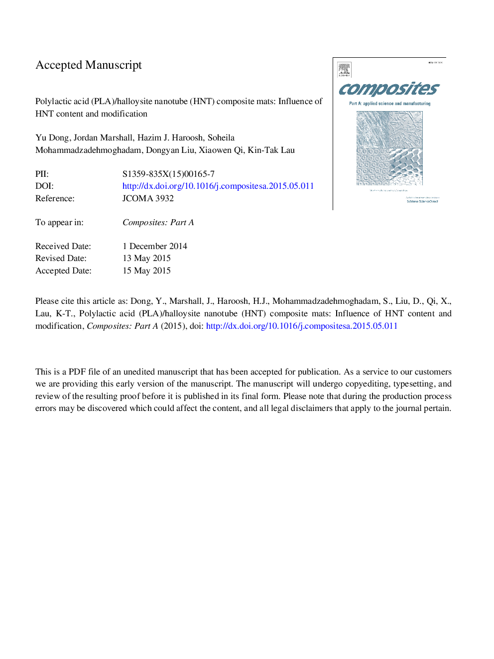 Polylactic acid (PLA)/halloysite nanotube (HNT) composite mats: Influence of HNT content and modification