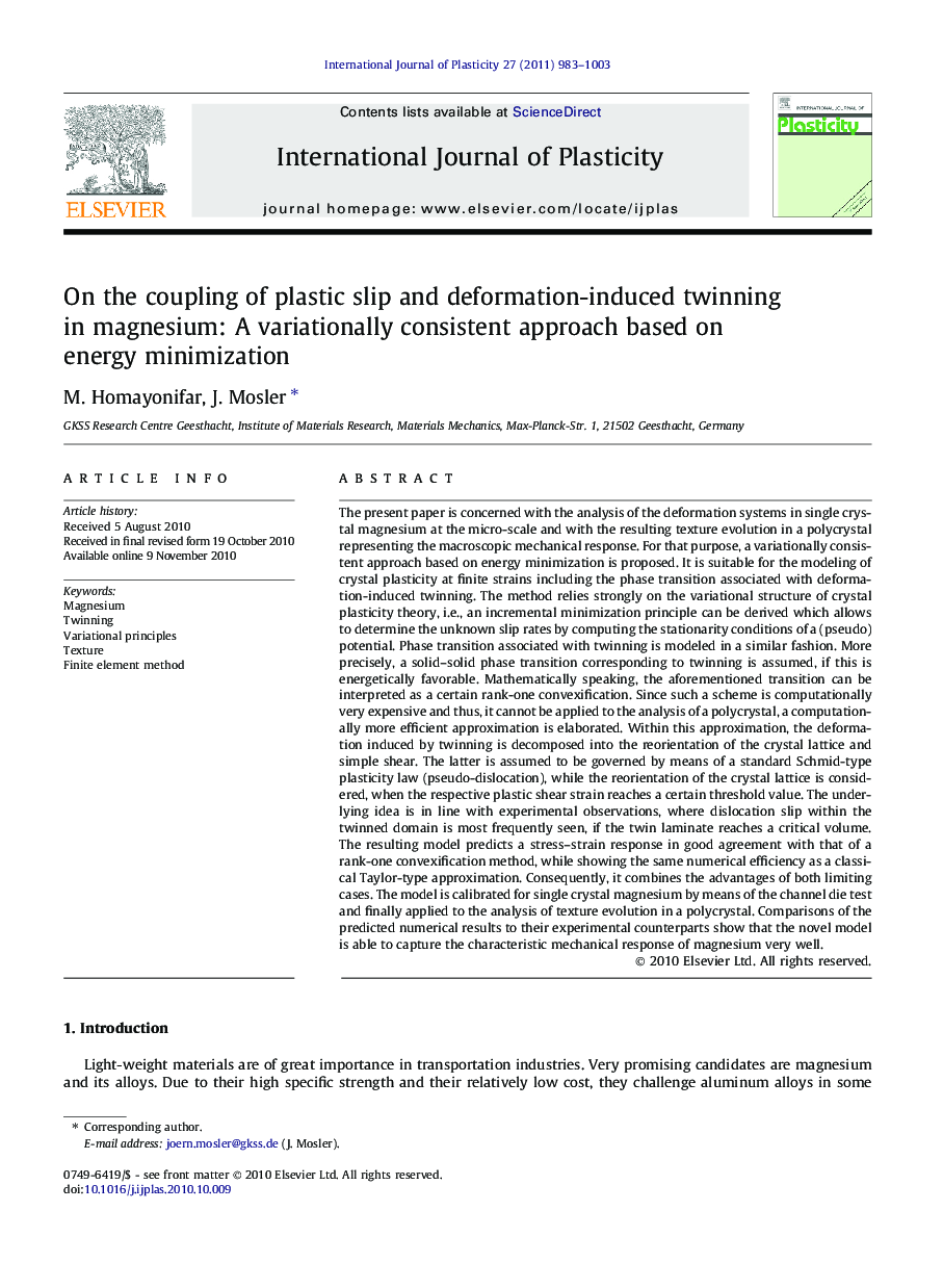 On the coupling of plastic slip and deformation-induced twinning in magnesium: A variationally consistent approach based on energy minimization