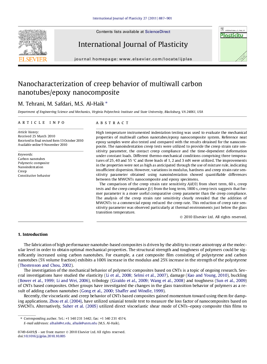 Nanocharacterization of creep behavior of multiwall carbon nanotubes/epoxy nanocomposite