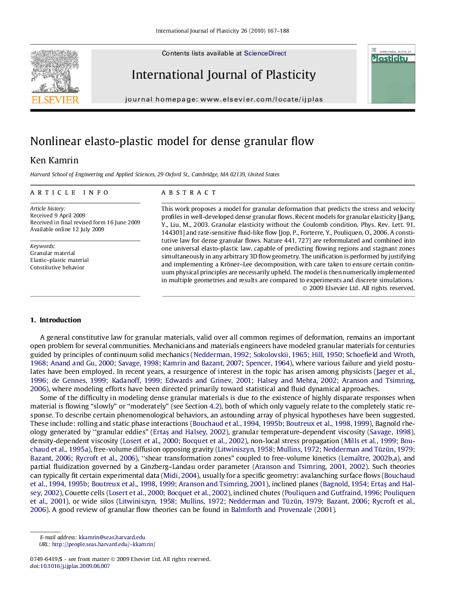 Nonlinear elasto-plastic model for dense granular flow