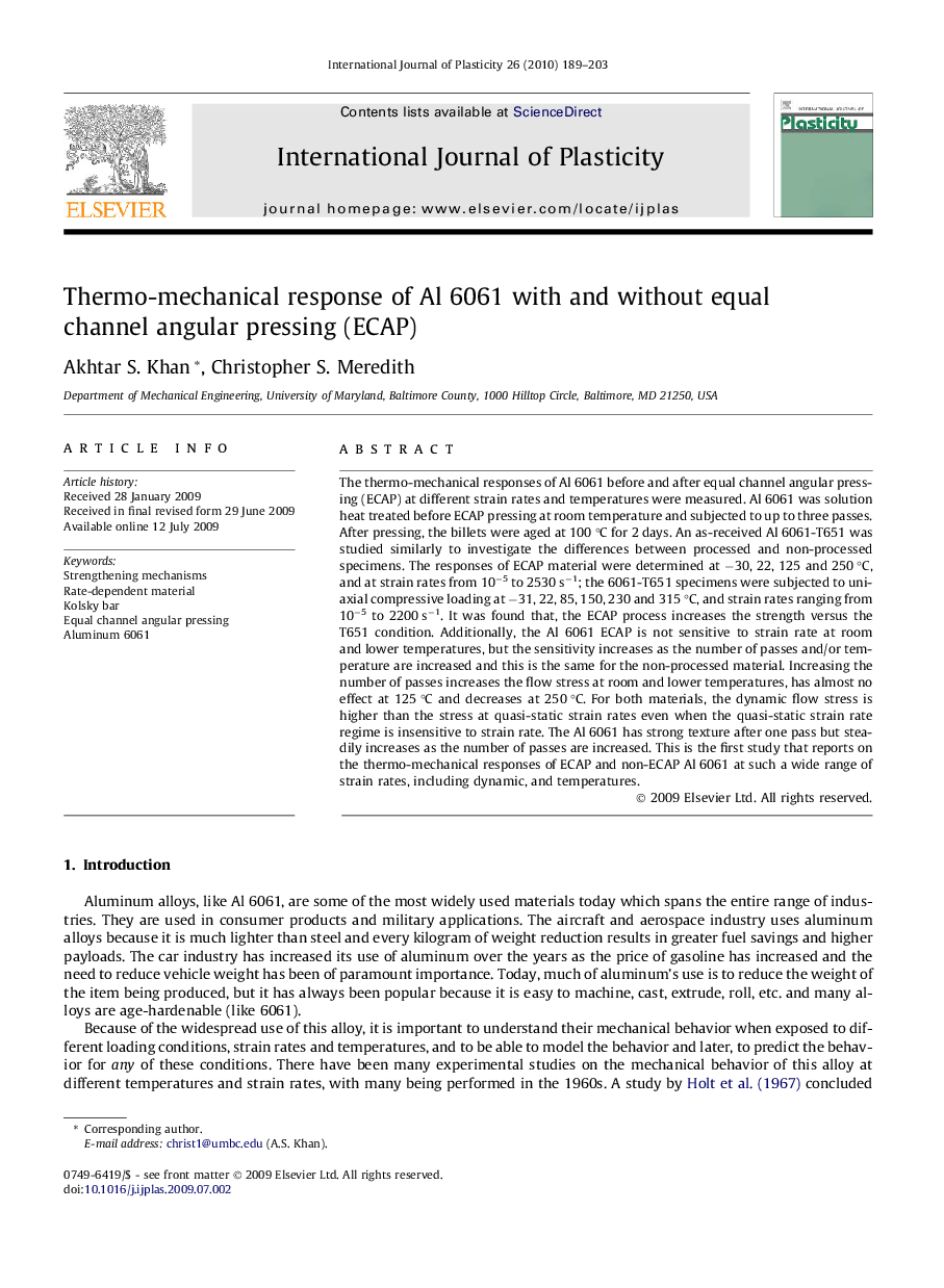 Thermo-mechanical response of Al 6061 with and without equal channel angular pressing (ECAP)