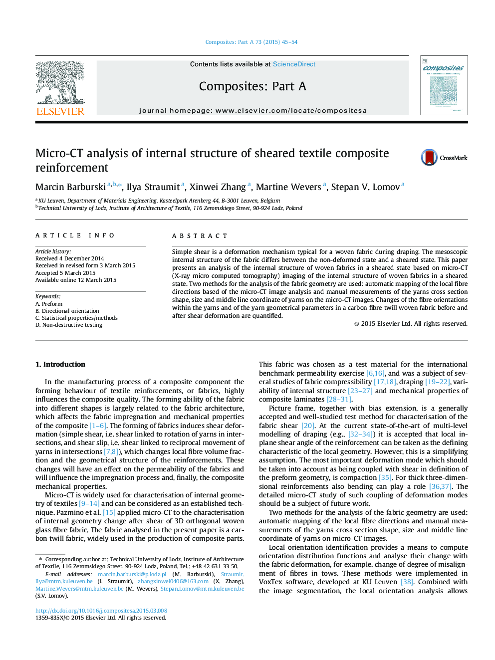 Micro-CT analysis of internal structure of sheared textile composite reinforcement