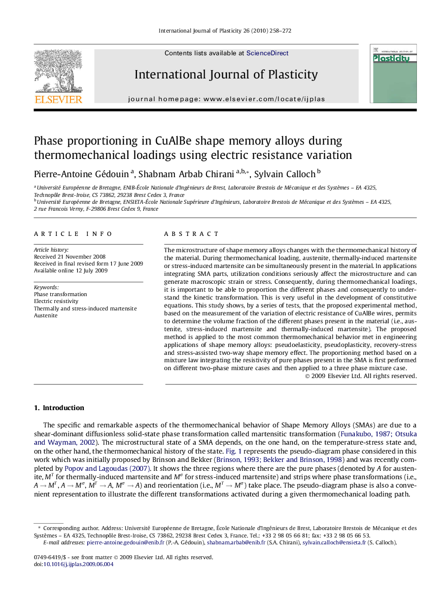 Phase proportioning in CuAlBe shape memory alloys during thermomechanical loadings using electric resistance variation