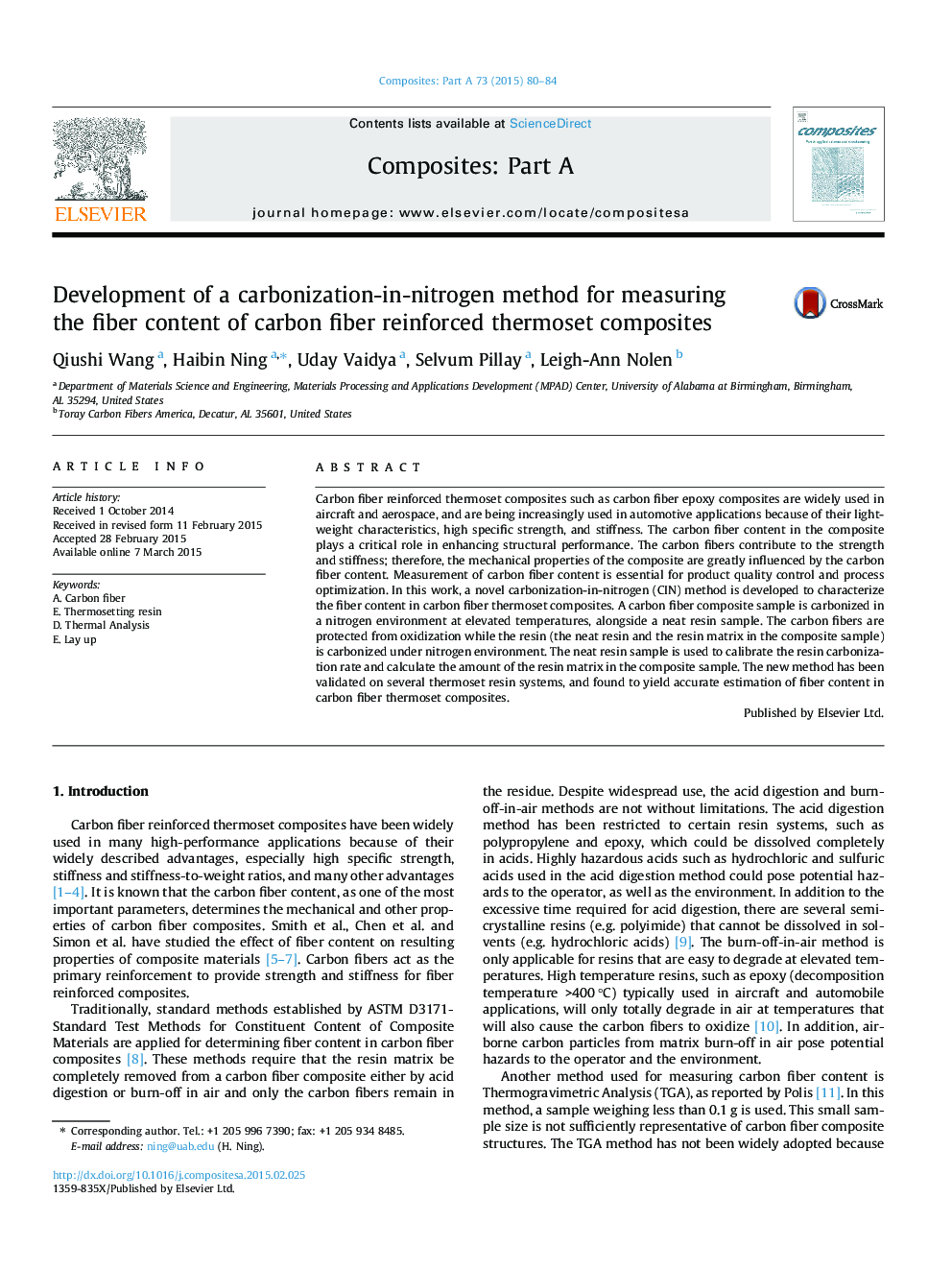 Development of a carbonization-in-nitrogen method for measuring the fiber content of carbon fiber reinforced thermoset composites