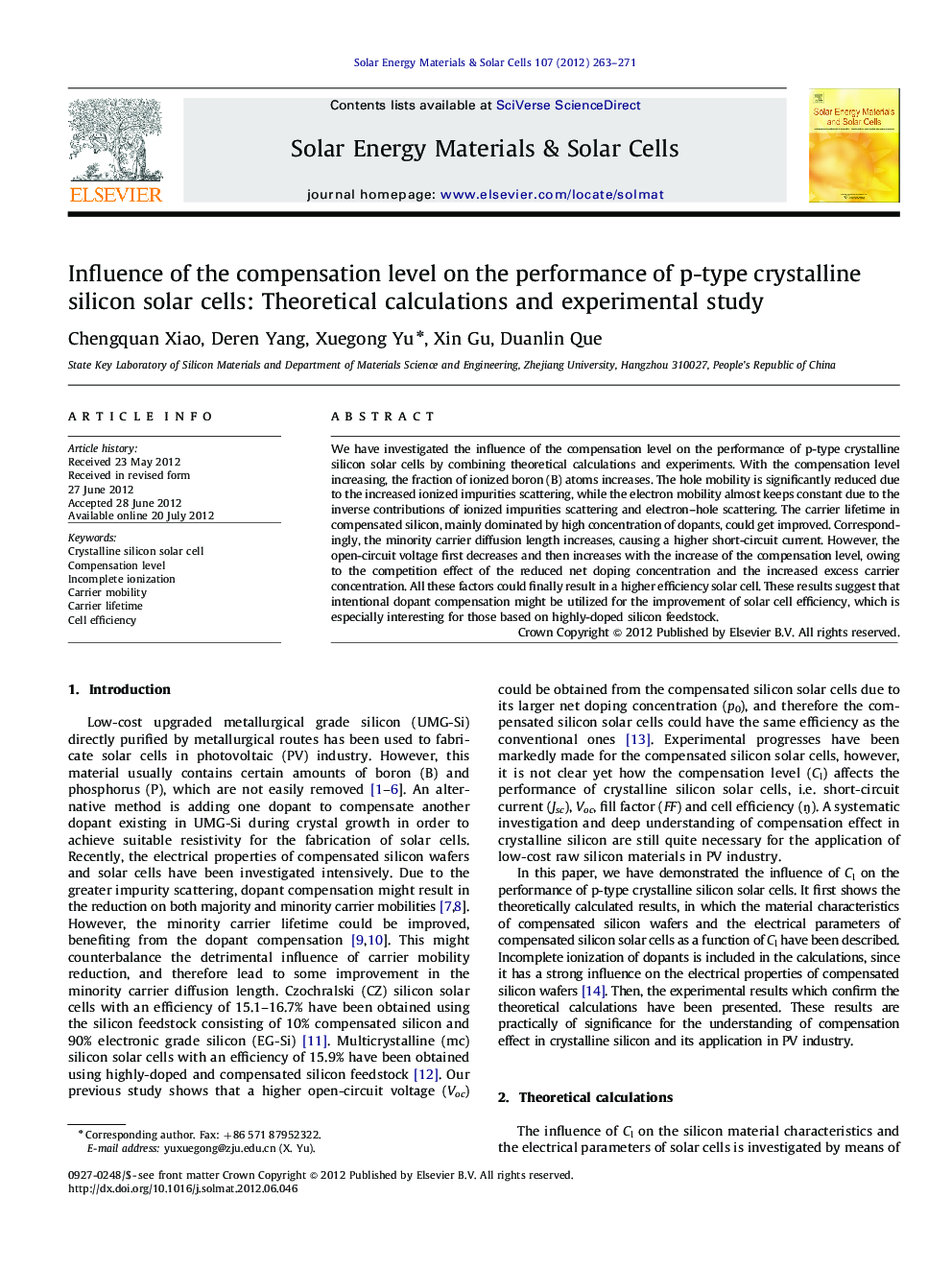 Influence of the compensation level on the performance of p-type crystalline silicon solar cells: Theoretical calculations and experimental study