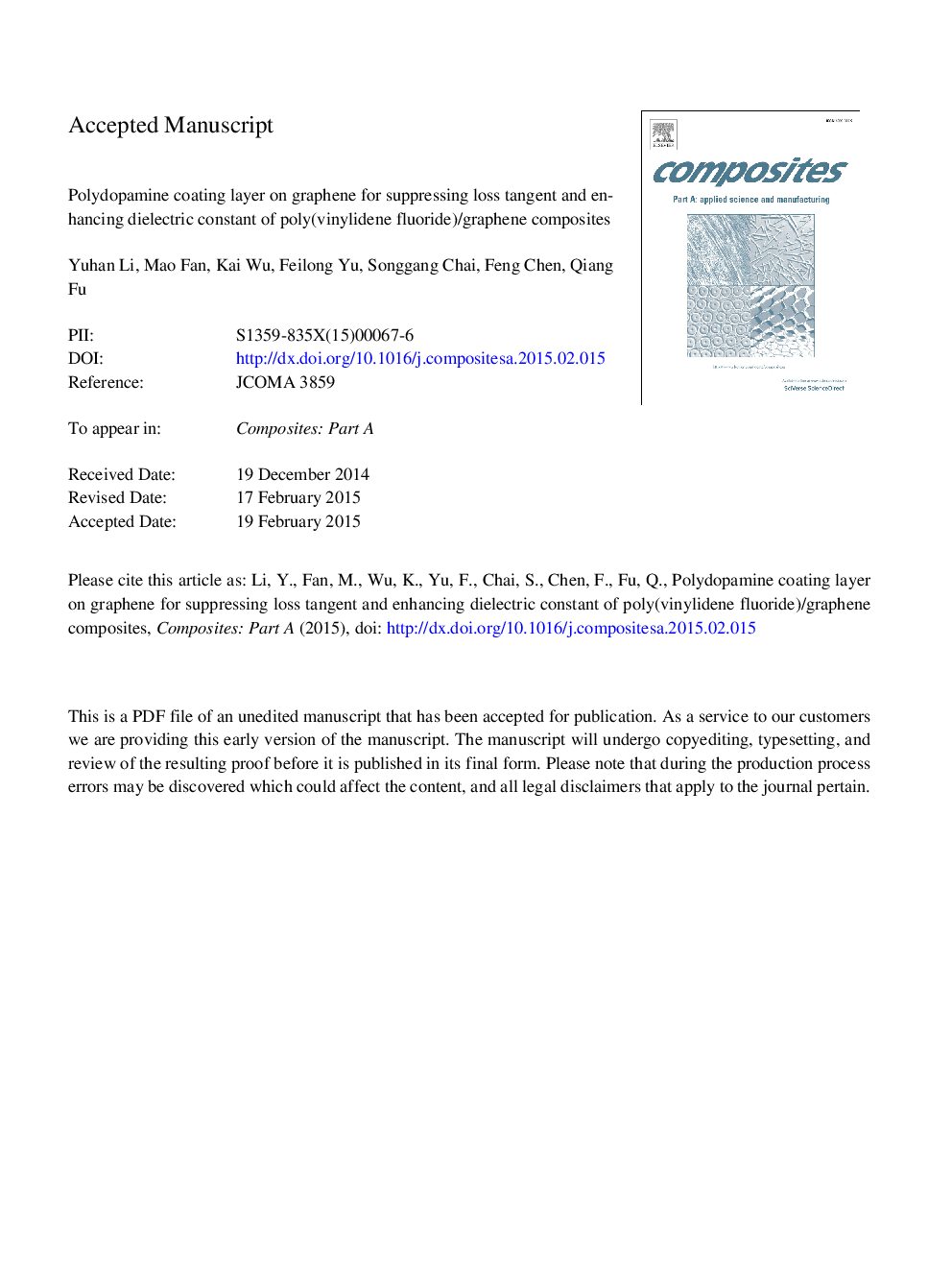 لایه پوشش پلیدوپامین بر روی گرافن برای سرکوب کردن مماس از دست دادن و افزایش ثابت دی الکتریک از پلی (وینیلیدین فلوراید) / گرافن کامپوزیت 