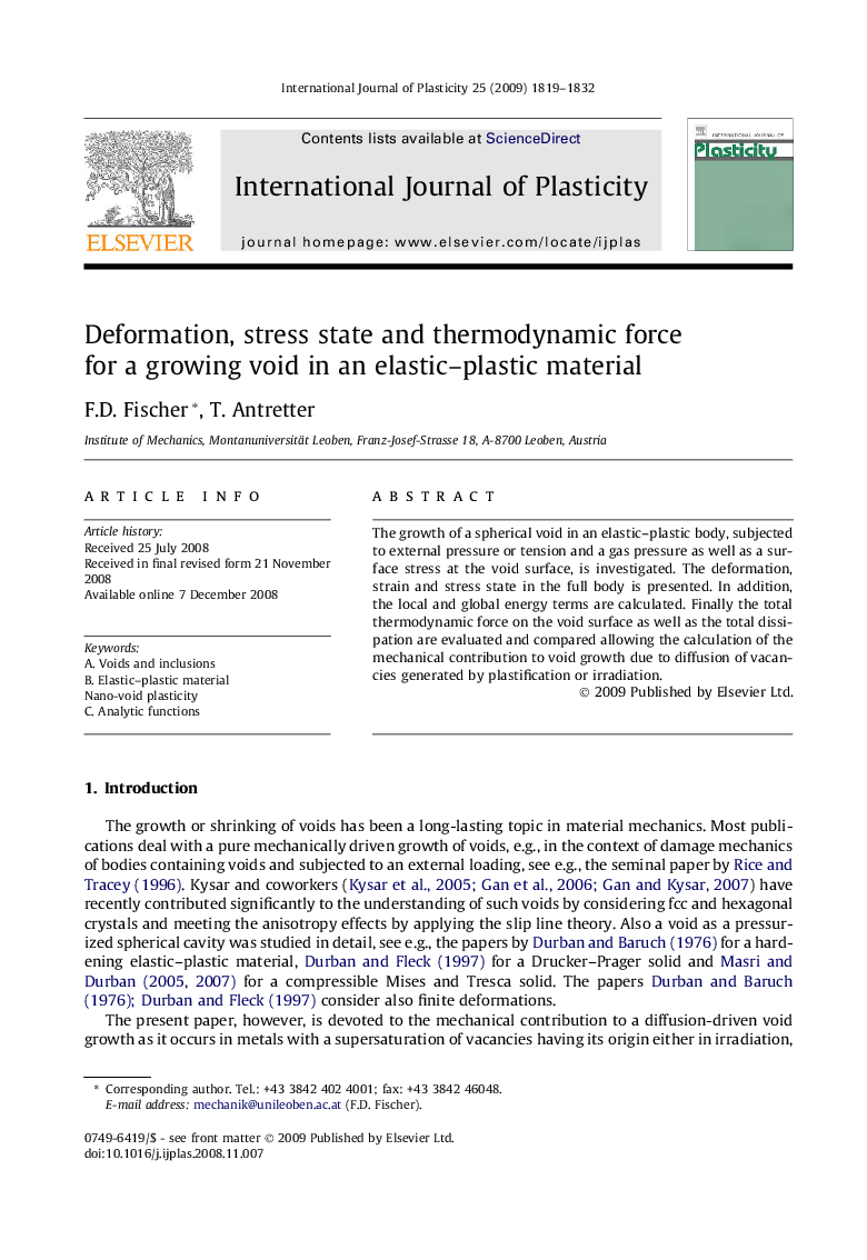 Deformation, stress state and thermodynamic force for a growing void in an elastic–plastic material