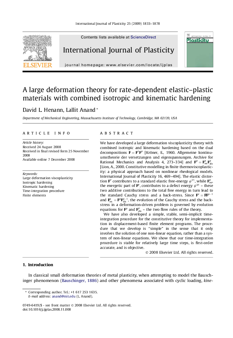 A large deformation theory for rate-dependent elastic–plastic materials with combined isotropic and kinematic hardening