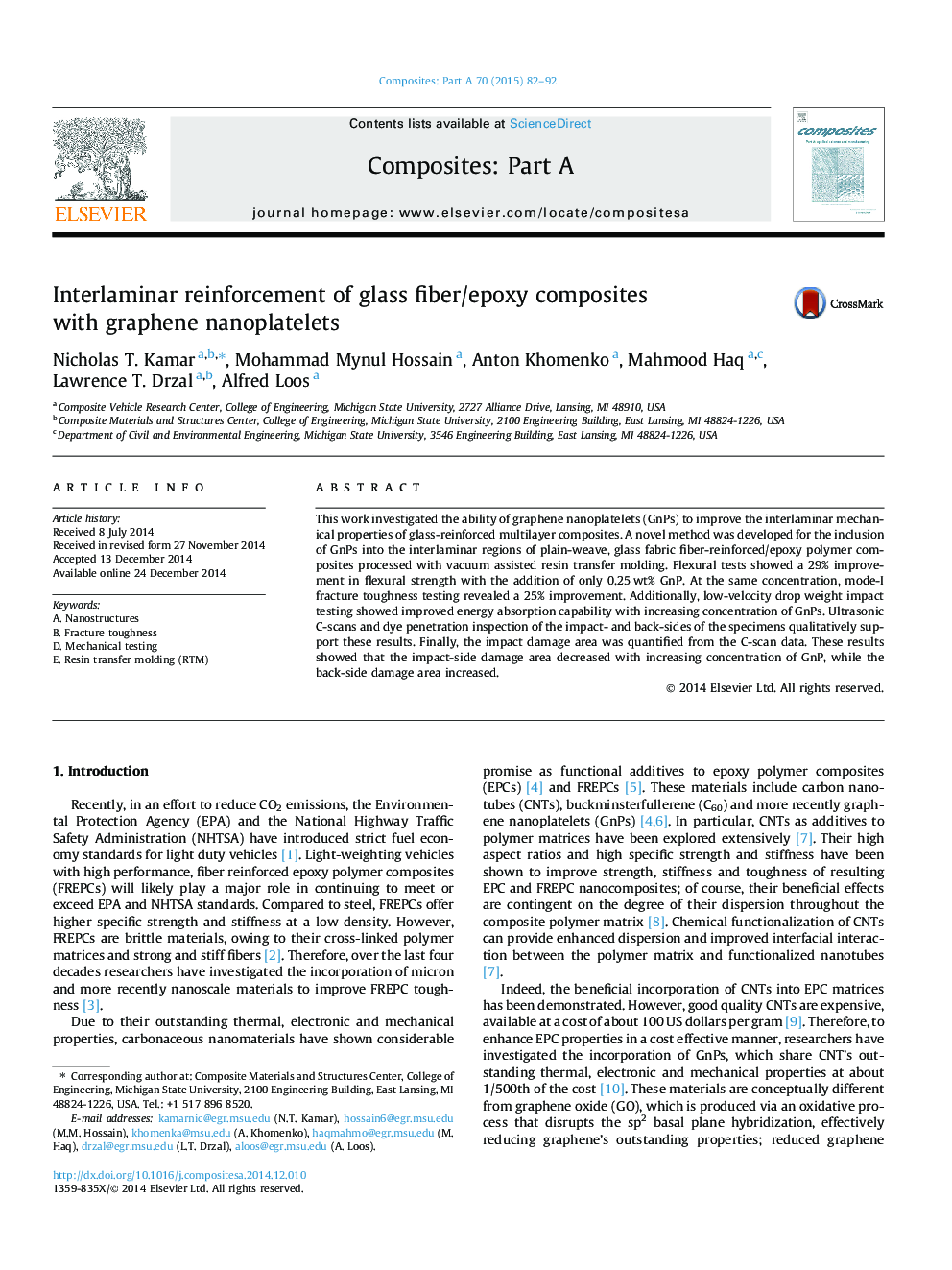 Interlaminar reinforcement of glass fiber/epoxy composites with graphene nanoplatelets