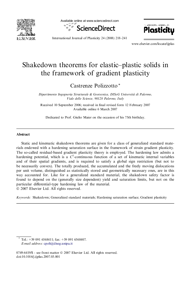 Shakedown theorems for elastic–plastic solids in the framework of gradient plasticity
