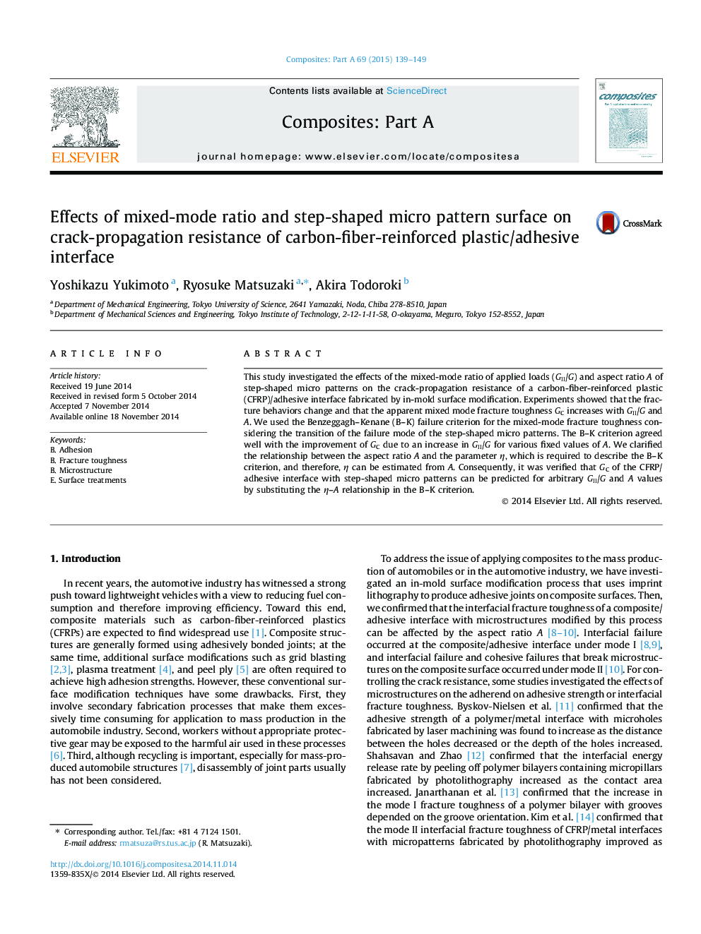 Effects of mixed-mode ratio and step-shaped micro pattern surface on crack-propagation resistance of carbon-fiber-reinforced plastic/adhesive interface