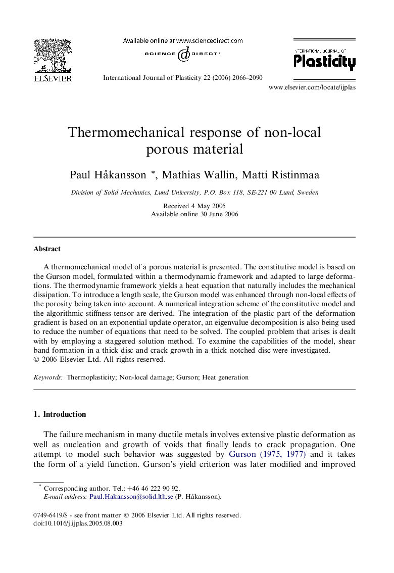 Thermomechanical response of non-local porous material